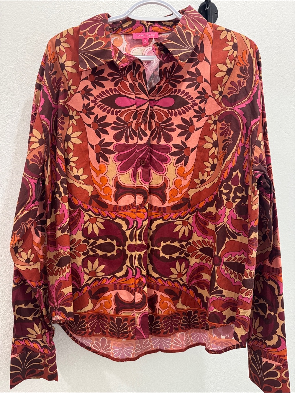 Flying Tomato Pink, Rust & Brown Floral Button-Down Shirt